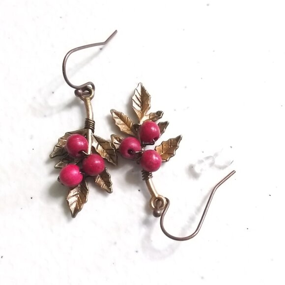 Holly & Berry Leaf Earrings – Copper & Bronze Patina Painted Atumn Leaves - Picture 2 of 6